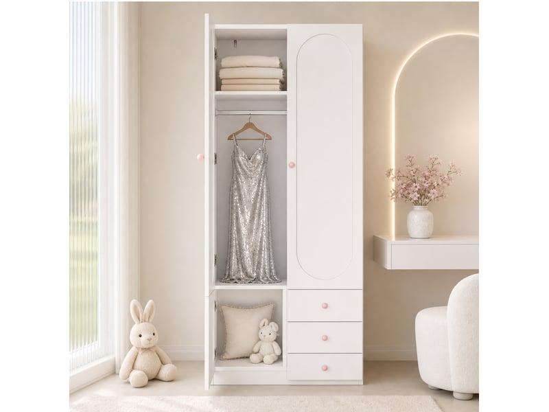 Armoire enfant 2 portes, penderie, 3 tiroirs et niche ouverte, poignées roses, mdf blanc laqué 80 × 50 × 200 cm - Conforama E