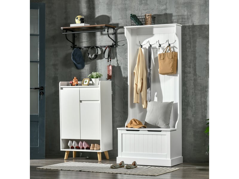  Meuble d'entrée 4 en 1 vestiaire banc rangement 4 crochets doubles 71,5x39,5x170 cm blanc  - Conforama R