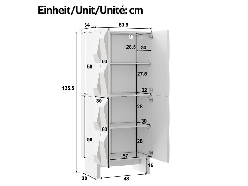  Meuble de rangement 60.5x34x135.5 cm, 4 portes à relief, panneaux de particules blanc  - Conforama E