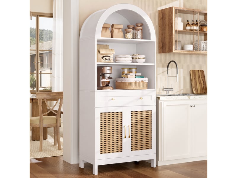 Buffet haut arqué 70x40x170 cm avec 2 portes effet rotin, 3 niches ouvertes, 1 tiroir, anti-basculement, blanc et bois naturel, salon entrée - Conforama B