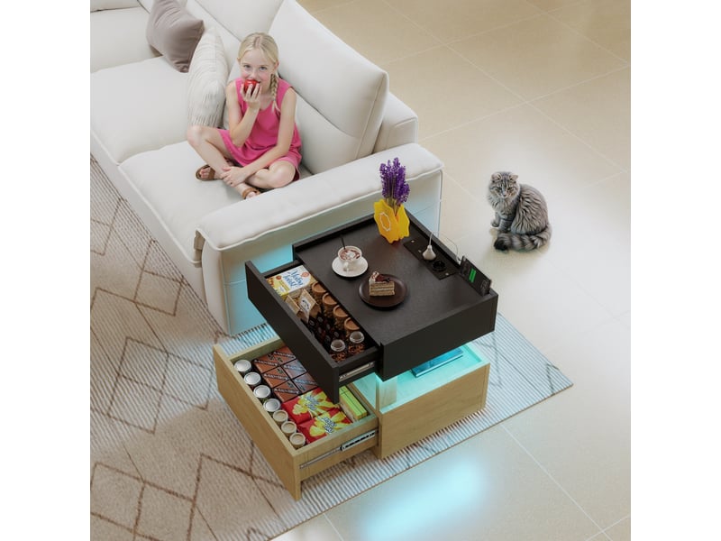  Table de chevet,50x40x50 cm,led, usb et 2 tiroirs,noir et bois naturel  - Conforama E