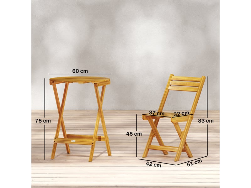 Ensemble de bistrot 3 pièces pliable en bois d'acacia avec table ronde et 2 chaises, san montage, 60x60x75cm, naturel - Conforama E