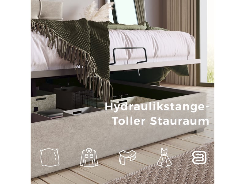 Lit coffre hydraulique 140x200 cm avec tête de lit réglable-sommier à lattes et rangement sous le lit-en velours-gris clair - Conforama D