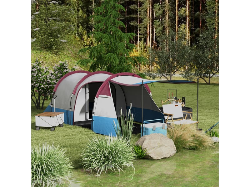  Tente de camping pour 2 personnes, crochet pour lanterne, trois entrées, imperméable, rouge  - Conforama C