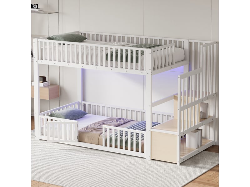  Lit superposé 90 x 200 cm, escalier avec rangement, éclairage led, blanc Bliss Lite - Conforama D