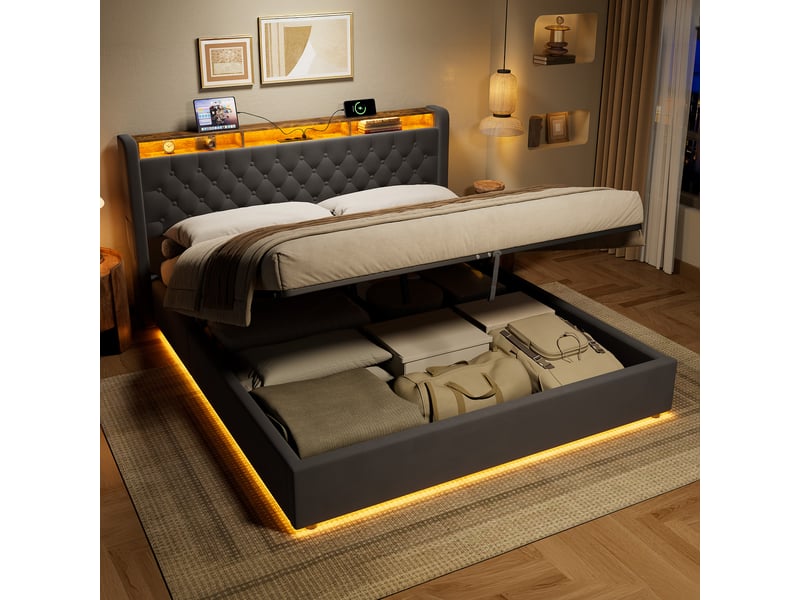  Lit double 180x200 cm avec rangement sous le lit et tête de lit avec étagère gris foncé homvra  - Conforama C