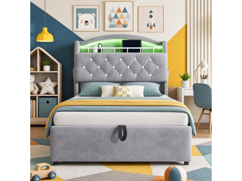  Lit coffre enfant 200×90 cm avec rangement, éclairage led et ports usb, en velours gris  - Conforama B