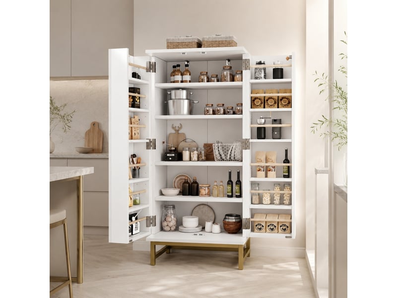 Buffet de cuisine avec étagères réglables et rangements de porte pour petits espaces, blanc et doré, 60 × 40 × 130 cm - Conforama C
