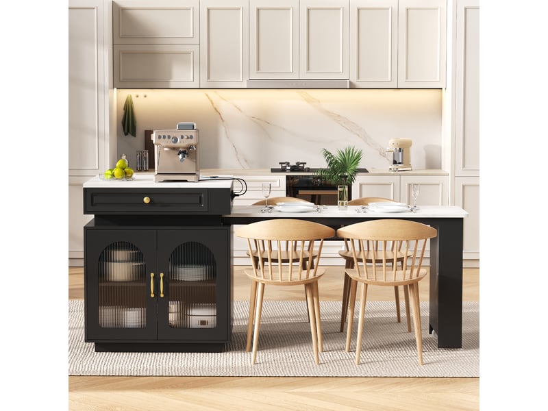 Îlot de cuisine sur roulettes table extensible 128-200 cm led multiprise usb tiroir noir - Conforama C