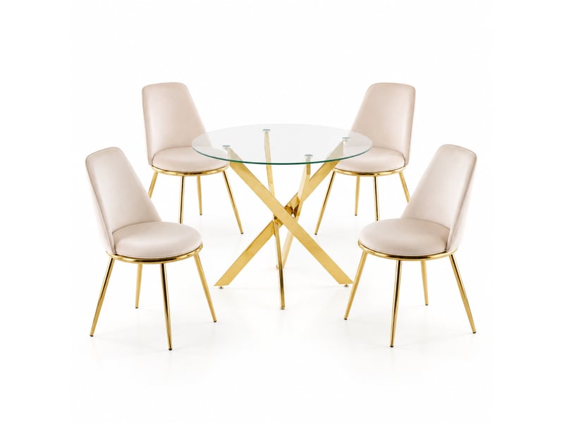  Ensemble repas, table ronde en verre et 4 chaises en velours crème à pieds dorés, pour 4 personnes au quotidien  - Conforama A