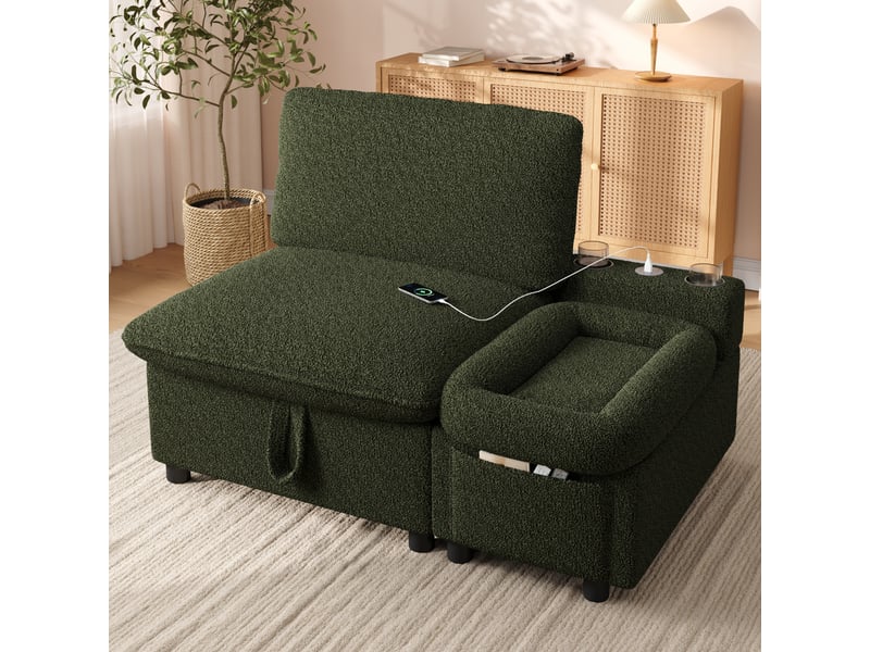  Canapé 1 place pour humain et animal, lit pour chatpetit chien intégré, coffre de rangement, usbtype-c, 2 porte-gobelets, bouclé,blanc Morn Vibe - Conforama B