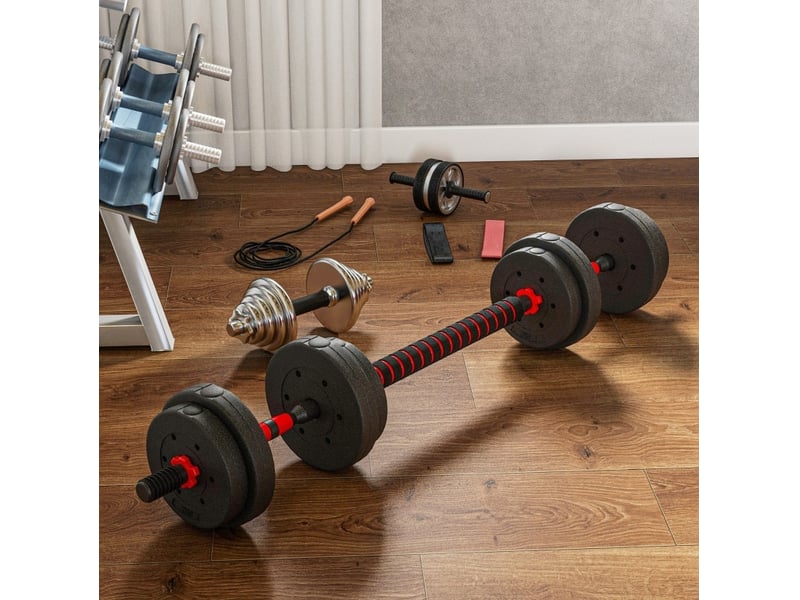  Set d’haltères réglables 2 en 1, jusqu’à 15 kg, 40x20x20 cm – noir – convertible en barre longue, format compact  - Conforama B