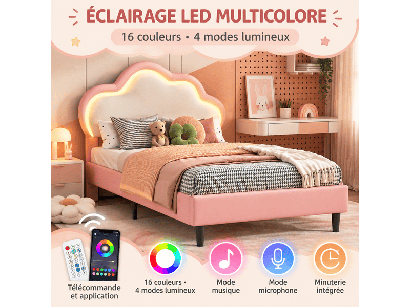  Lit enfant fille 90x200 avec led, lit princesse avec tête de lit en nuage, lits 1 personne pour fille adolescent, , pu, sans matelas, rose  - Conforama D