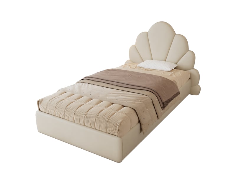 Lit enfant 90x200 cm, tête de lit à pétales courbés, sommier, velours beige, sans matelas  - Conforama A