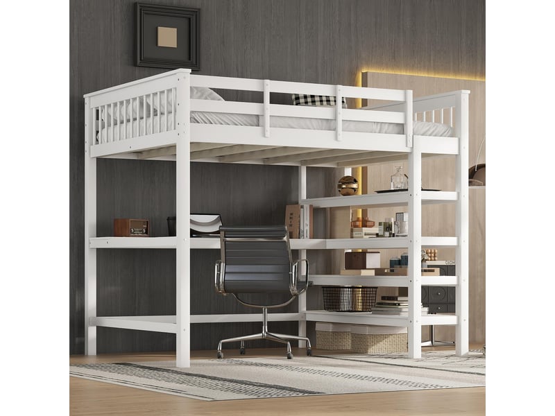  Lit mezzanine enfant 140x200 cm, table, étagère, garde-corps, sommier, pin blanc, sans matelas  - Conforama B