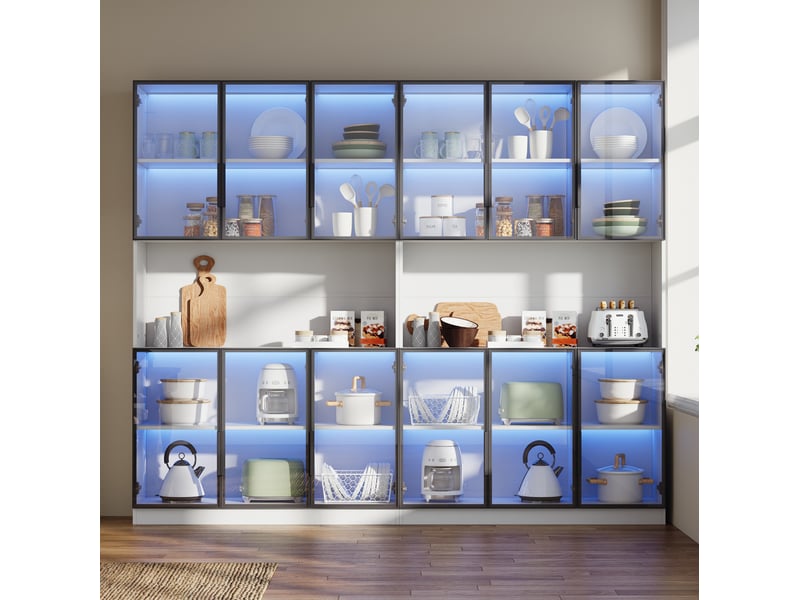  Vitrine haute 240x34x200 cm, 12 portes en verre, led contrôlée par application, niches, mdf, blanc  - Conforama D