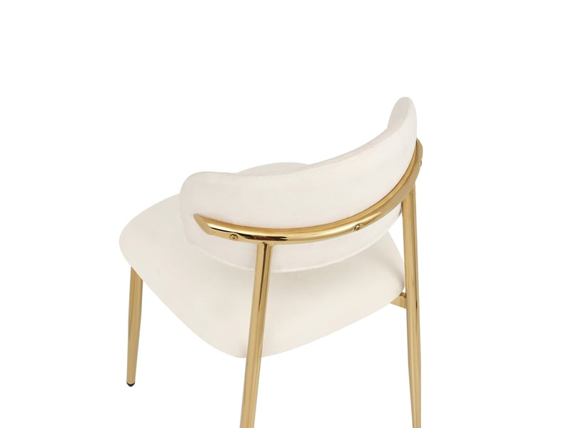 Lot de 6 chaises de salle à manger rembourrées blanches, dossier incurvé, pieds en métal doré, patins réglables, charge 125 kg, design moderne - Conforama D