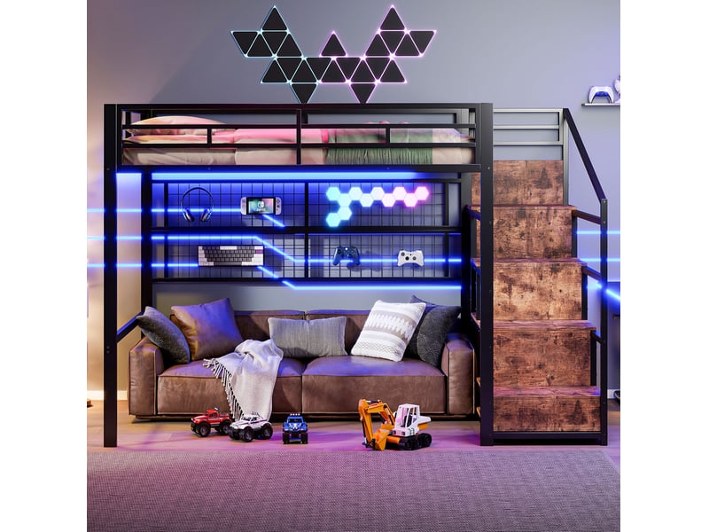 Lit mezzanine 140x200 cm, armoire-échelle, espace dessous libre, led 7 couleurs, métal noir, sans matelas - Conforama B