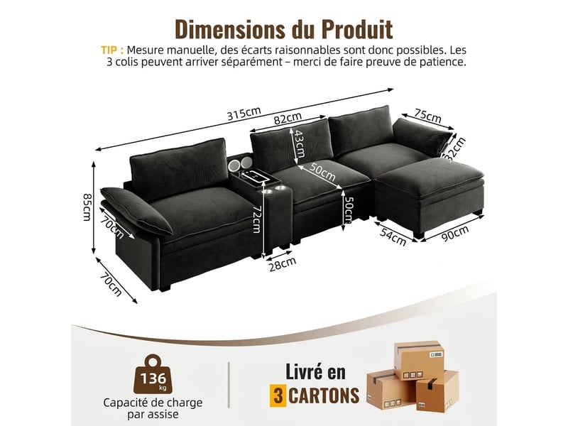  Canapé modulable 4 places canapé d'angle chenille noir avec pouf mobile et chargeur sans fil intégré  - Conforama C