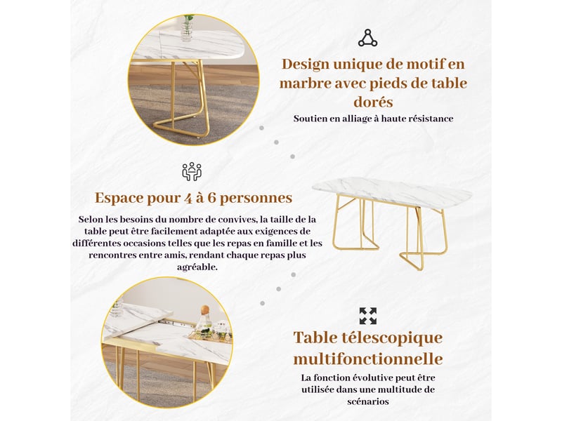  Table à manger extensible 140-180 x 80 cm, effet marbre blanc, pieds en métal doré, 4-6 personnes, style luxe Jamama eleni - Conforama E