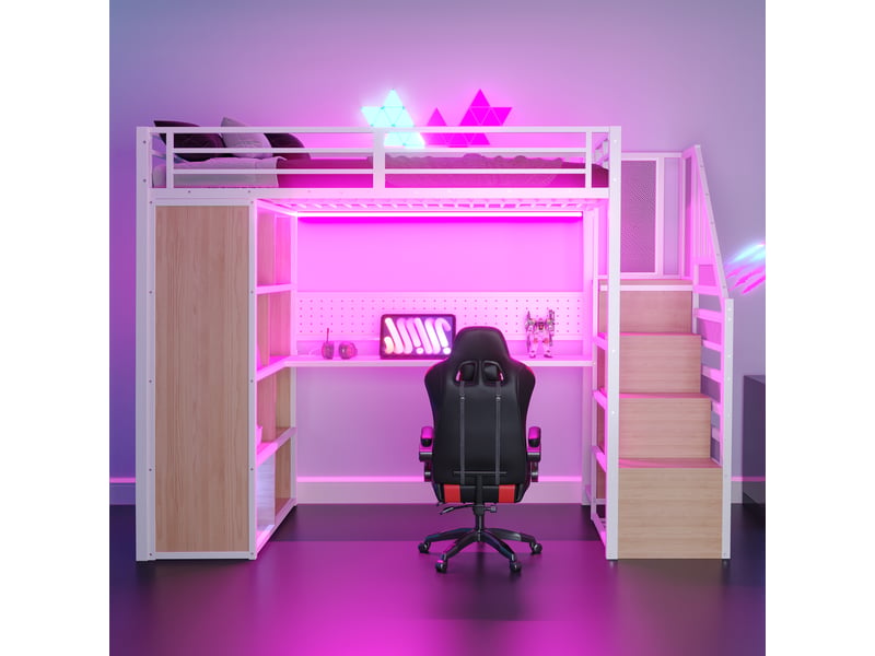 Lit mezzanine lit simple avec escalier de rangement, bureau, armoire, étagères et led 90×200 cm, sans matelas - Conforama C
