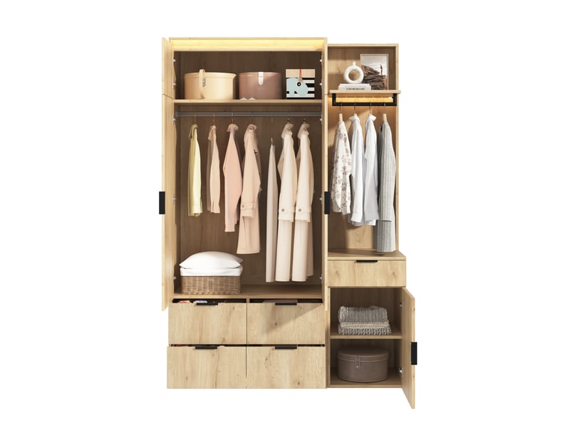  Ensemble dressing d'entrée modenvie avec miroir et éclairage led, 135 x 47 x 200 cm, 2 tringles, 5 tiroirs, mdf, chêne et anthracite  - Conforama A