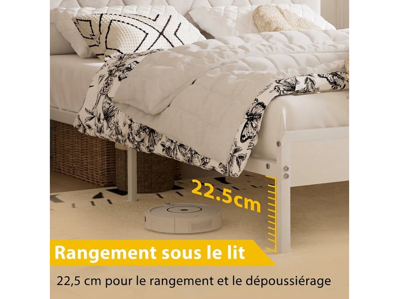  Lit double 140x190 blanc avec tête de lit capitonnée led, station usb et cadre métal sans matelas  - Conforama D