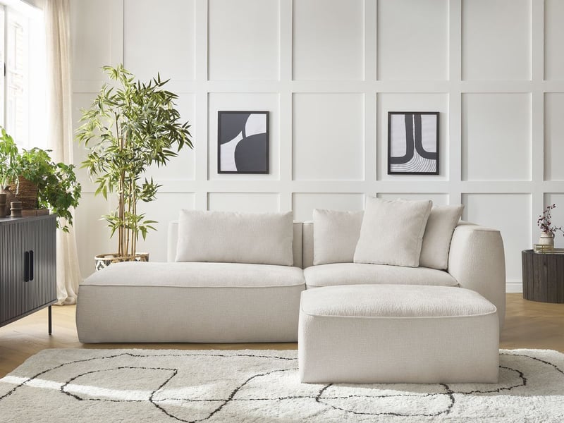  Bobochic canapé droit fixe 3 places leopold tissu texturé avec pouf beige  accoudoir droit LEOPOLD - Conforama D