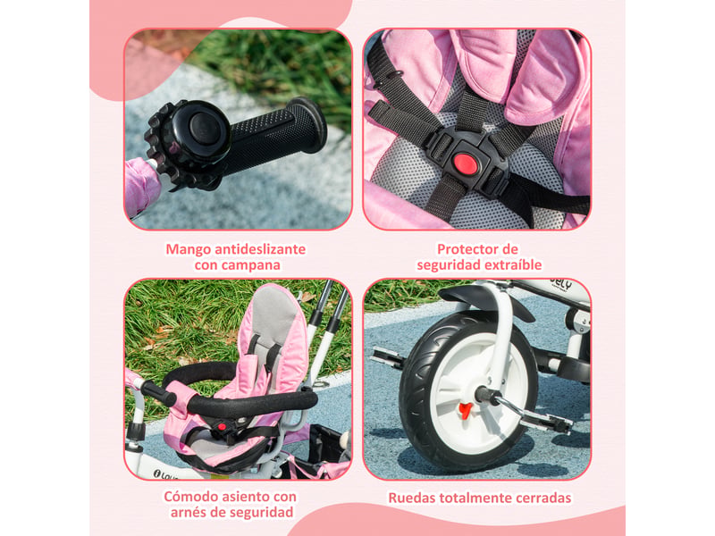  Tricycle évolutif pour enfants de plus de 12 mois avec capote pliable, poignée télescopique et ceinture de sécurité - rose  - Conforama D