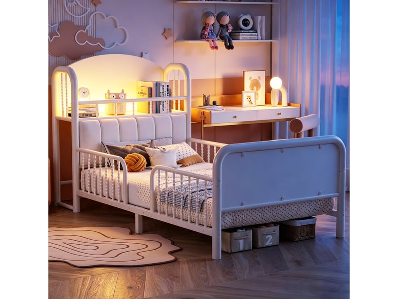 Lit enfant 90x200 cm en métal blanc, tête de lit rembourrée avec rangement et led multicolore, sans matelas - Conforama B