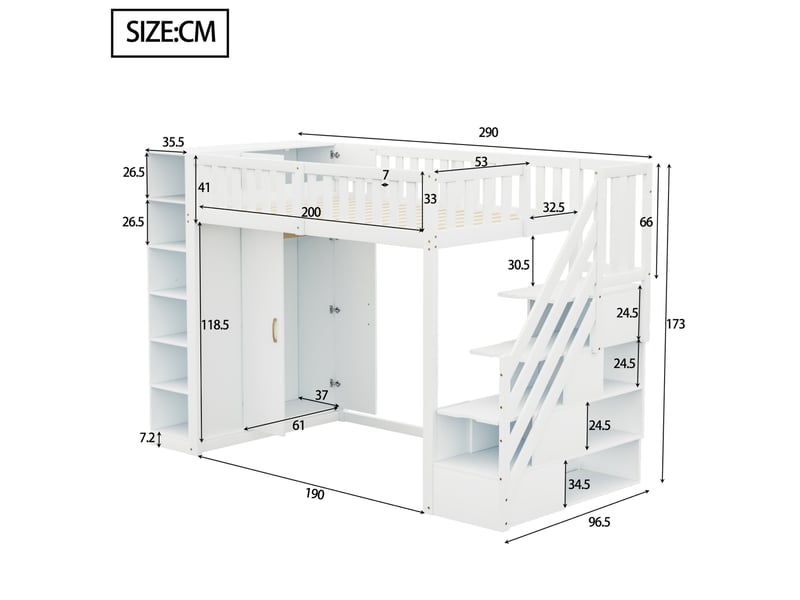  Lit mezzanine enfant 90 x 200 cm blanc avec armoire, étagères et escalier de rangement  - Conforama E
