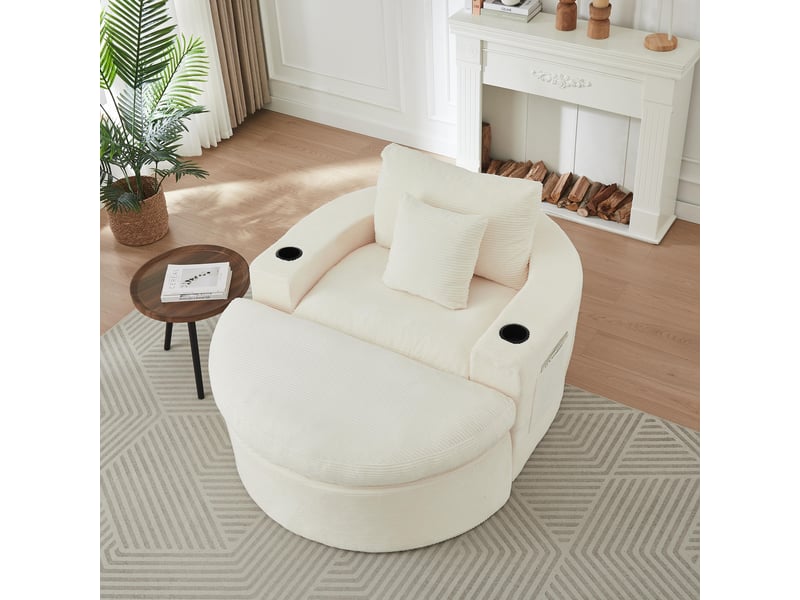 Fauteuil 1 places - 136x156x88 cm - fauteuil poire indépendant en velours côtelé avec ottoman, porte-gobelets - blanc - Conforama D