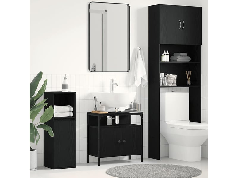  Armoire lavabo salle de bain, meuble de rangement chêne noir 60x30x60 cm  - Conforama B