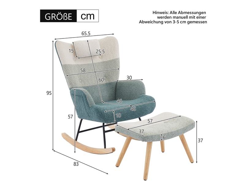  Fauteuil à bascule avec repose-pieds 83 x 65,5 x 95 cm multicolore, tissu bouclette et poche latérale  - Conforama C