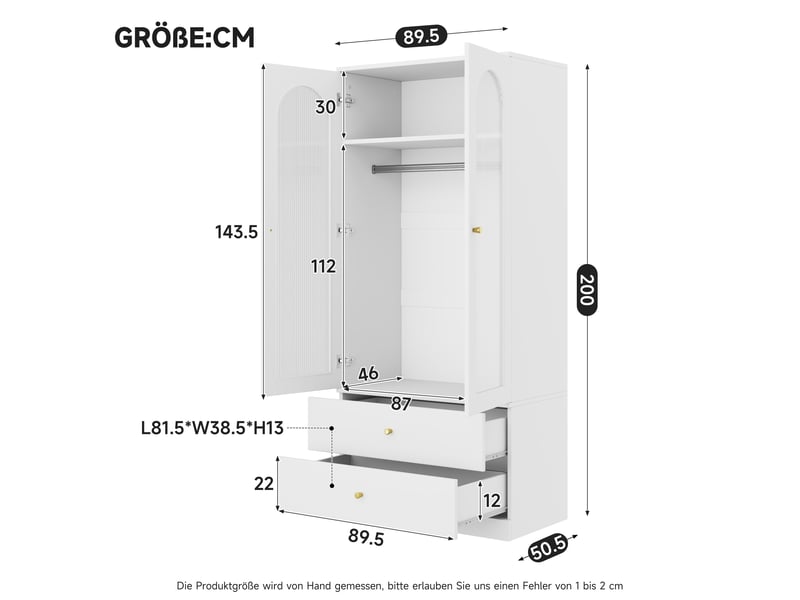  Armoire de chambre - 2 portes vitrées à battantes - 2 tiroirs et 1 tringle - 90 x 50 x 200 cm - blanc  - Conforama C