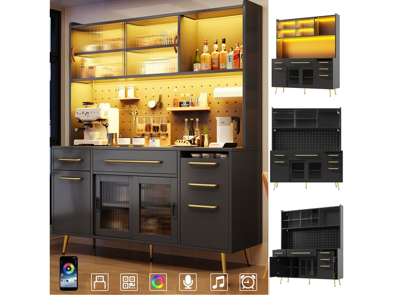  Buffet haut modenvie avec led et panneau perforé 145 x 39 x 171 cm noir mdf verre  - Conforama E