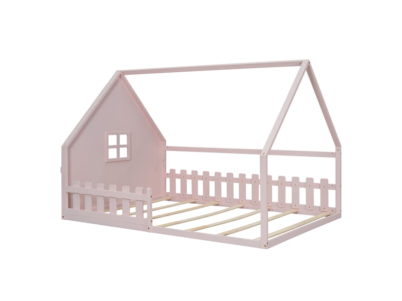  Lit cabane enfant 140x200, lit enfant rose en bois de pin, cadre de lit avec barrière de sécurité, design maison, 140x200 cm  - Conforama W