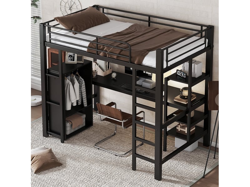  Lit superposé 90x200 cm avec bureau et rangement en métal et mdf noir  - Conforama D