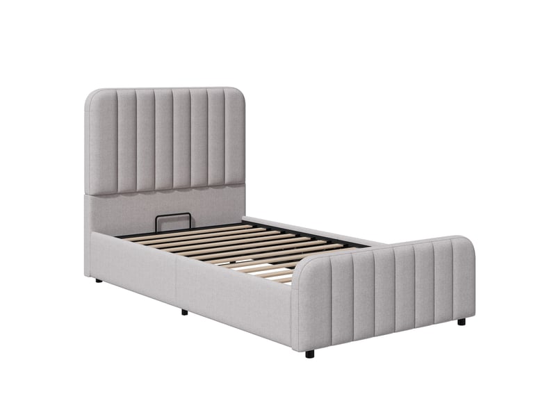  Lit capitonné 90x200 enfant avec coffre hydraulique - lit simple gris lin sommier inclus  - Conforama R