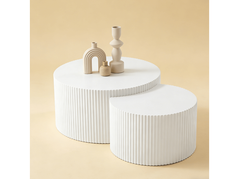  Table basse φ80 2 pièces ensemble emboîtable mdf blanc mat forme demi-lune bord à relief ondulé gain de place table d'appoint  - Conforama A
