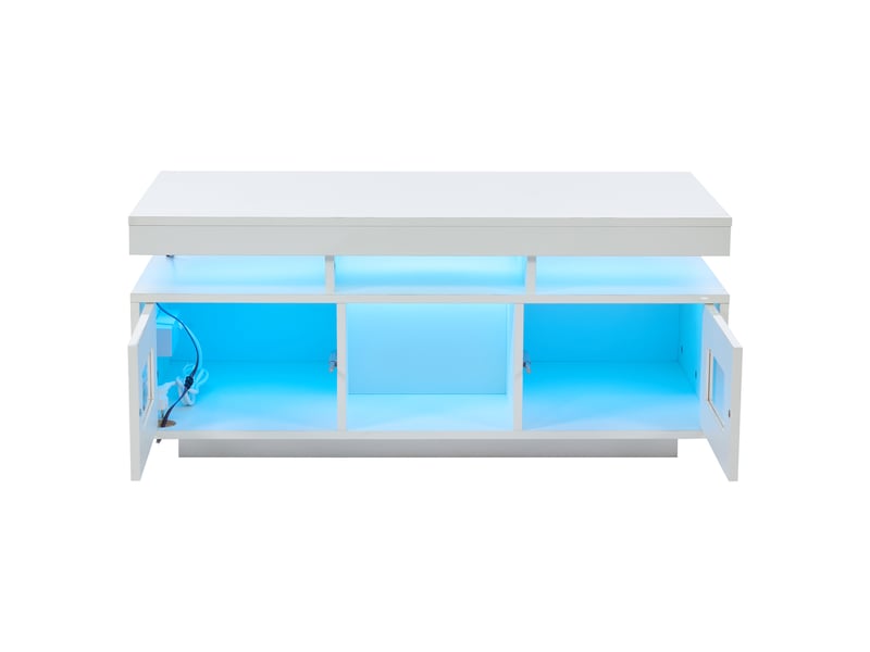  Table basse blanche brillante 100x50x43 cm avec led rgb et prise usb  - Conforama E