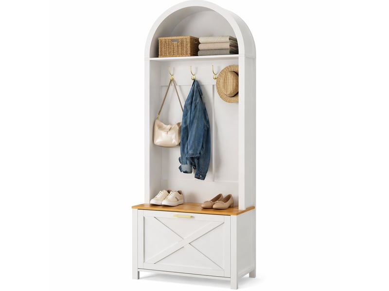 Meuble d’entrée multifonction avec porte-manteaux et rangement à chaussures – mdf blanc et bois – 75 x 35 x 195 cm