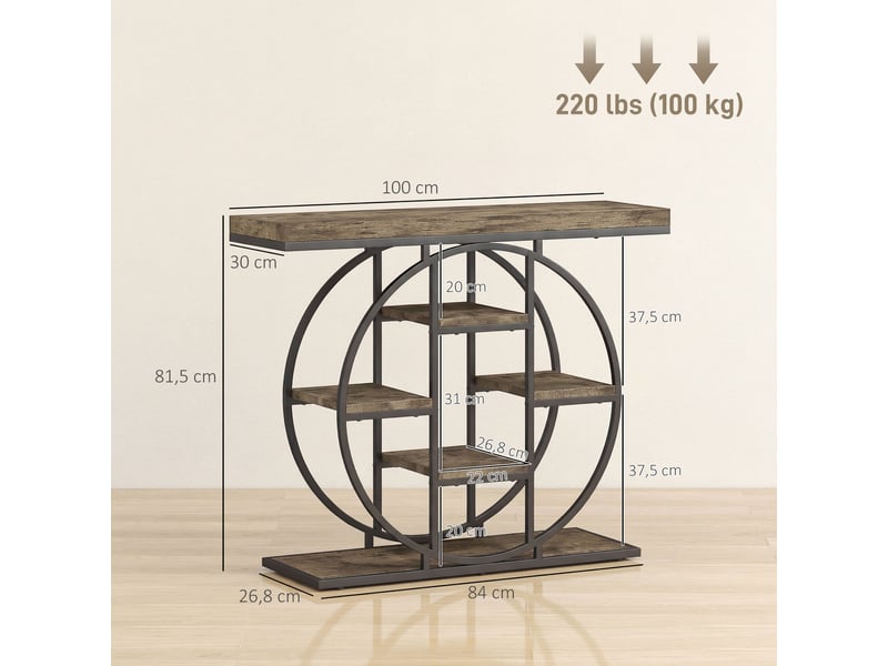  Console design industriel arrondi 5 étagères épais plateau métal noir effet bois  - Conforama C