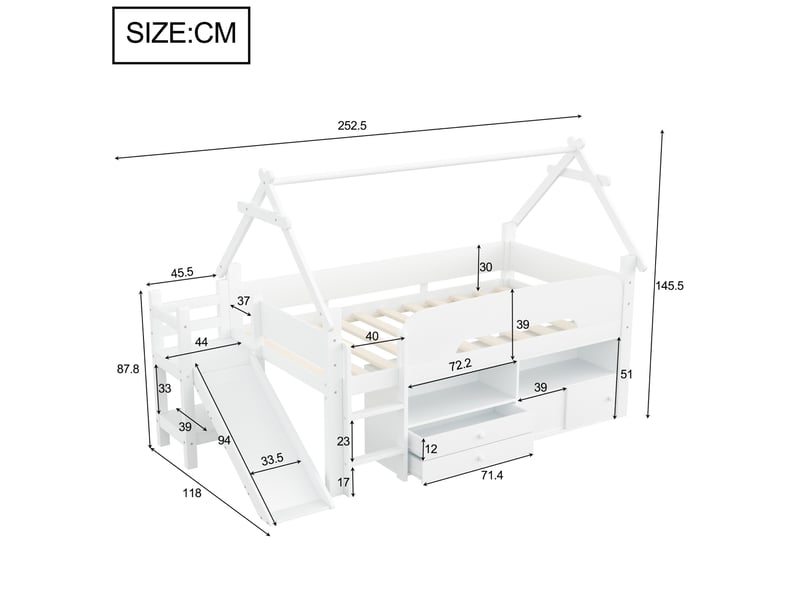 Lit mezzanine enfant 90 x 200 cm blanc avec toboggan, rangement et barrières de sécurité  - Conforama E