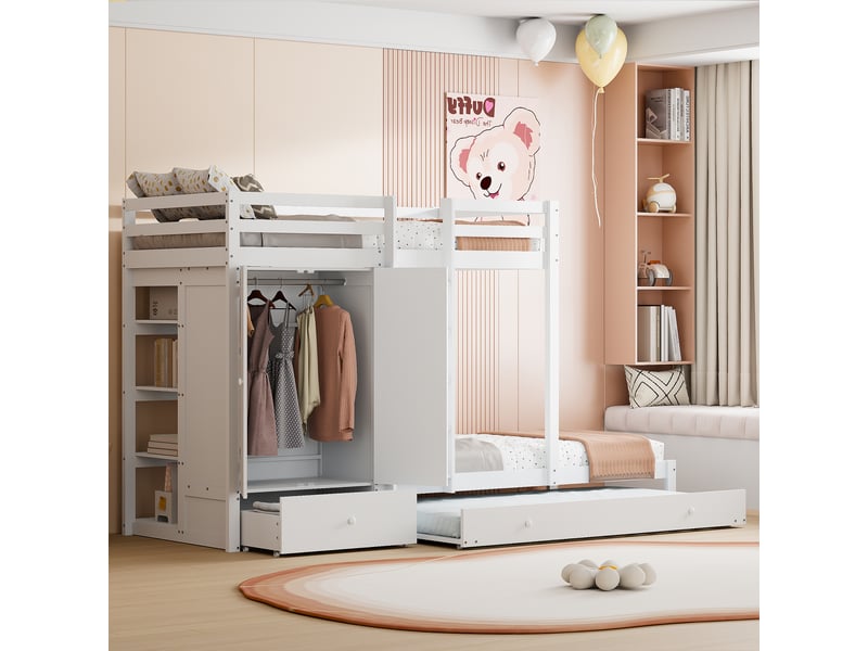  Lit superposé en bois massif 90x200 cm avec lit gigogne, lit enfant avec armoire, tiroirs et compartiment de rangement, blanc  - Conforama A