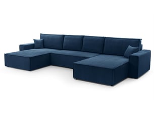 Canapé d'angle panoramique convertible <strong>AX LIVING </strong> <strong>Cedria U</strong> 5 places Velours côtelé bleu avec coffre de rangement
