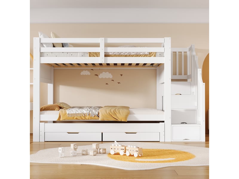  Lit superposé 90x200 cm, structure en pin massif, coloris blanc, 2 tiroirs intégrés, couchage gigogne, penderie, escalier sécurisé, garde-corps  - Conforama D