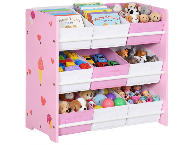  Armoire à jouets avec 9 paniers amovibles en bois et tissu, 63 x 30 x 60 cm, rose et blanc  - Conforama A