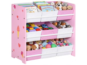 Armoire à jouets avec 9 paniers amovibles en bois et tissu, 63 x 30 x 60 cm, rose et blanc