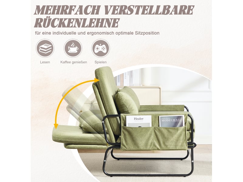 Canapé convertible 2 places avec poches latérales et coussin lombaire, structure métallique en chenille vert olive - Conforama D